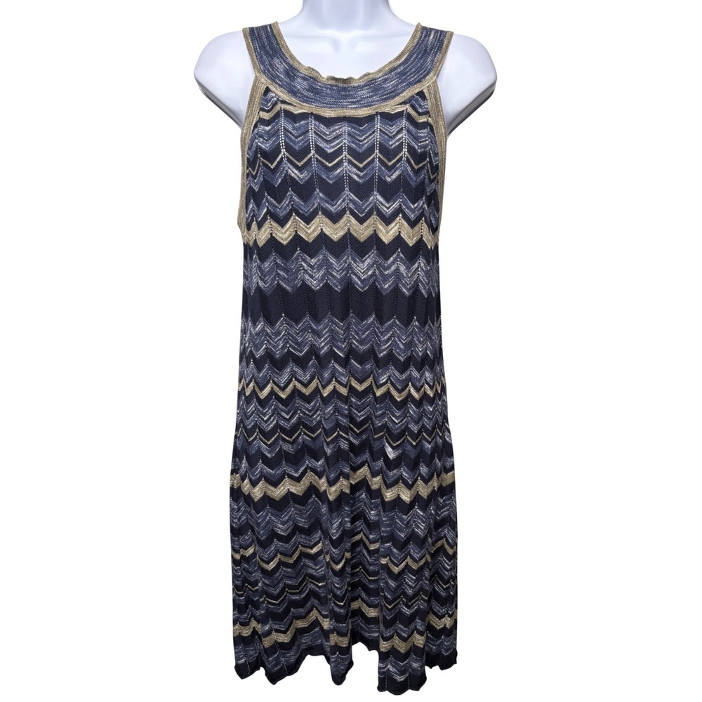 COTTON BY AUTUMN CASHMERE Womens Blue‎ Gold Zig Zag Knit Dress Sz M Boho-Luxury